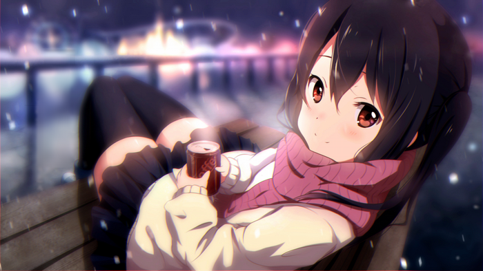 Anime girl with a drink in winter