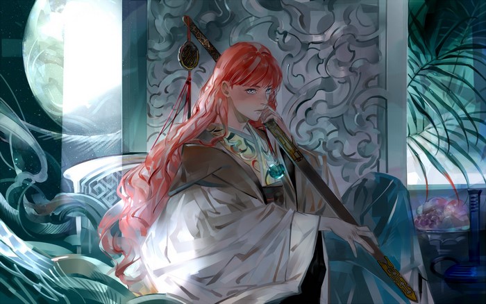 Anime girl with red hair and sword on throne