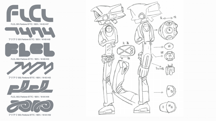 FLCL character design sheet with logos