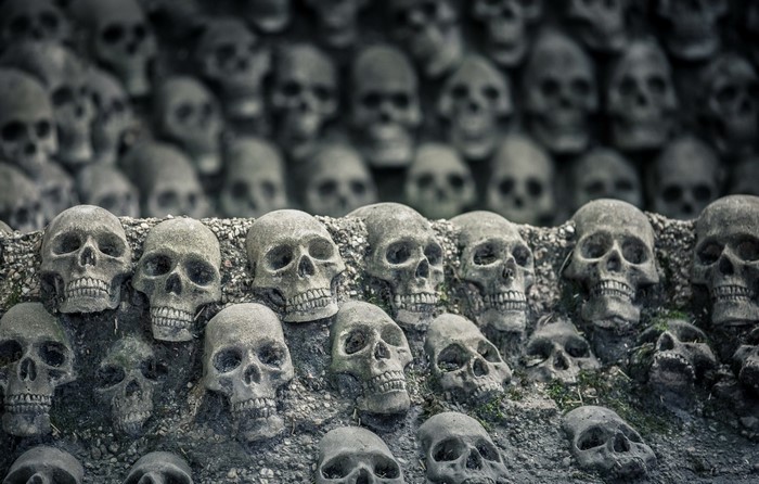 Wall of skulls, monochrome photography