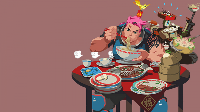 Zarya and Bastion from Overwatch eating a meal