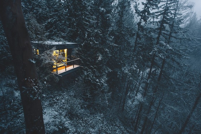 Cabin in a snowy forest at dusk