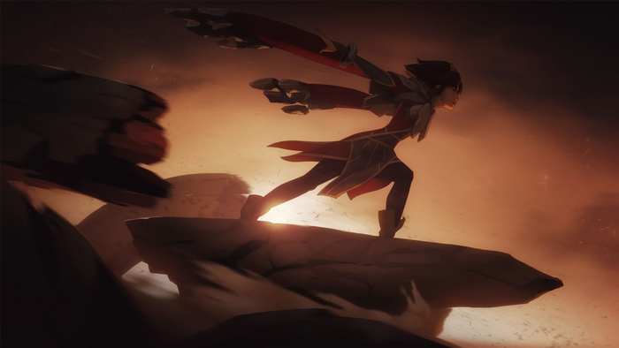 Taliyah from League of Legends running on rocks
