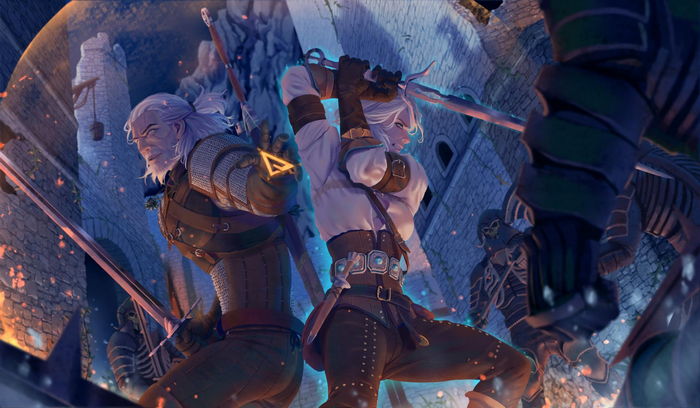 Geralt and Ciri fighting skeletons in The Witcher 3