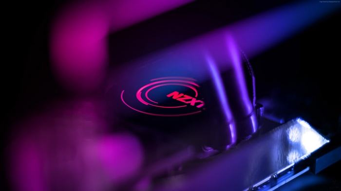 NZXT logo with purple and pink lights