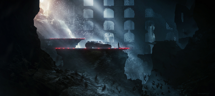 Batman and Batmobile in the Batcave