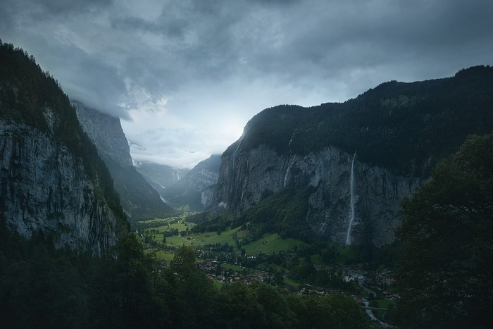 Valley with waterfalls and mountains in Lauterbrunnen, Switzerland