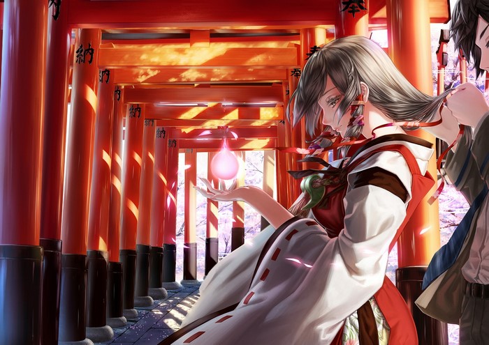 Anime girl with glowing orb in Fushimi Inari Shrine