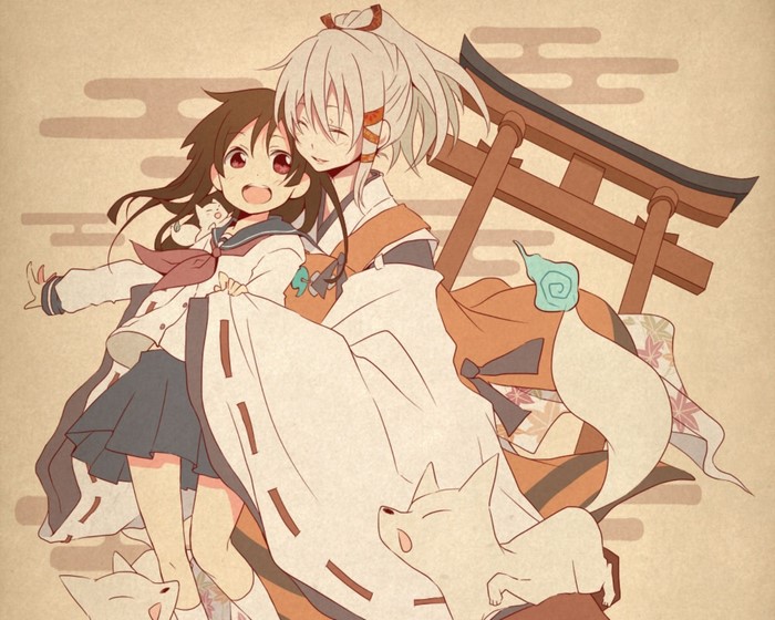 Two anime girls with foxes and a torii gate