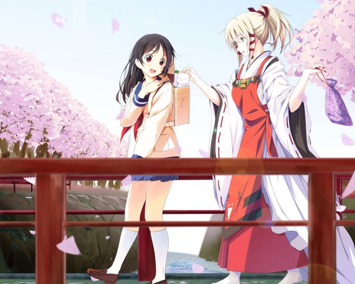 Two anime girls with cherry blossoms and a shrine