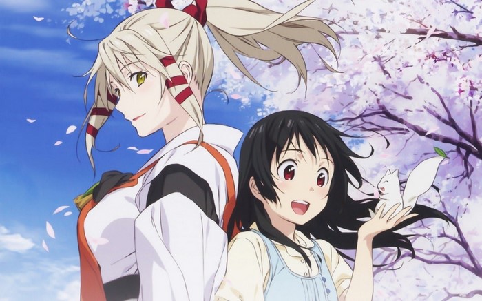 Two anime girls and a white creature with cherry blossoms