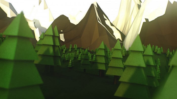 Low poly forest landscape with mountains and sunlight