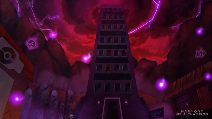 Lavender Town Tower with Ghost Pokemon and Lightning