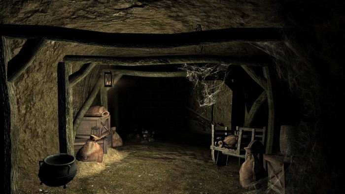 Cave interior with crates and sacks in The Elder Scrolls V Skyrim