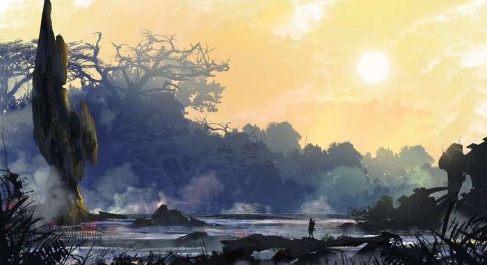 Digital art landscape with surreal rock formation and misty forest