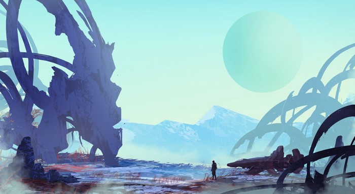 Alien landscape with strange structures and a lone figure