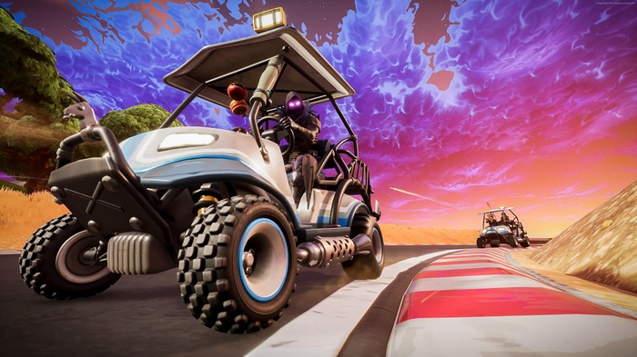 Fortnite golf cart race with purple sky