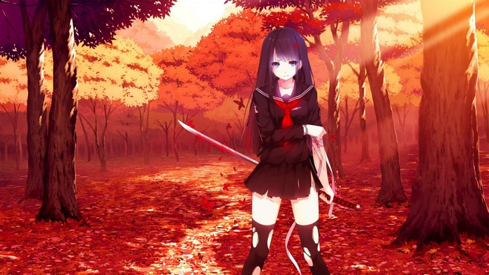 Anime girl with sword in autumn forest