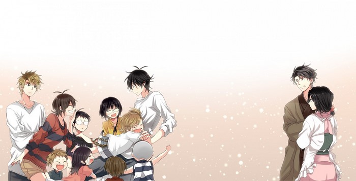 Barakamon characters group hug and couple