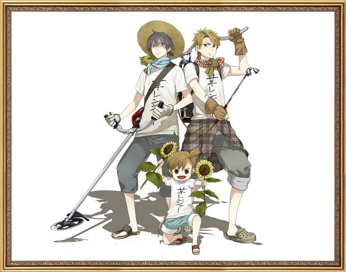 Barakamon characters with gardening tools and sunflowers