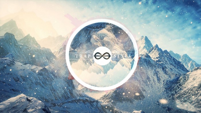 Snowy mountains with a circular graphic overlay