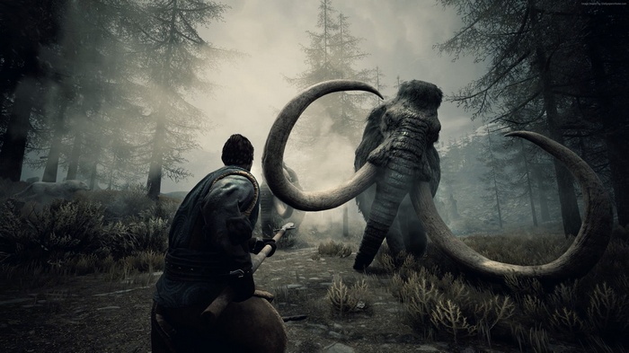 Man with axe facing mammoths in forest