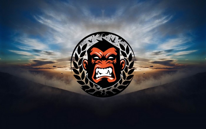 Angry monkey logo against a cloudy sky