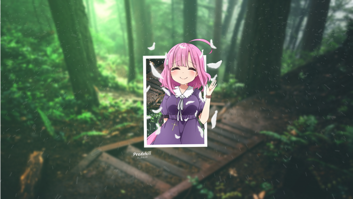 Anime girl with pink hair in a purple dress in a forest