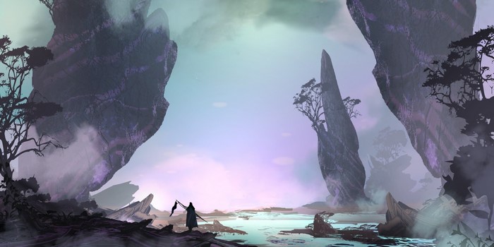 Fantasy landscape with a lone figure holding a flag