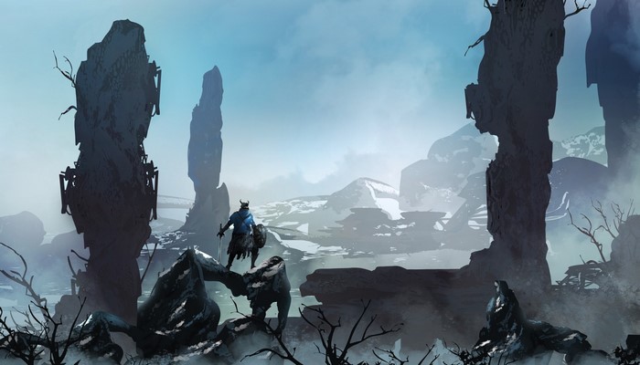 Warrior standing on rocks in a snowy, desolate landscape