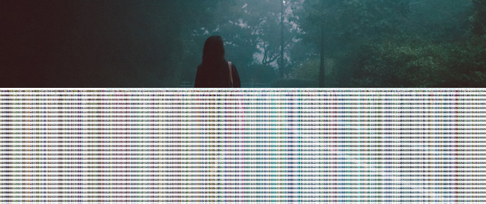 Person walking in a foggy forest at night