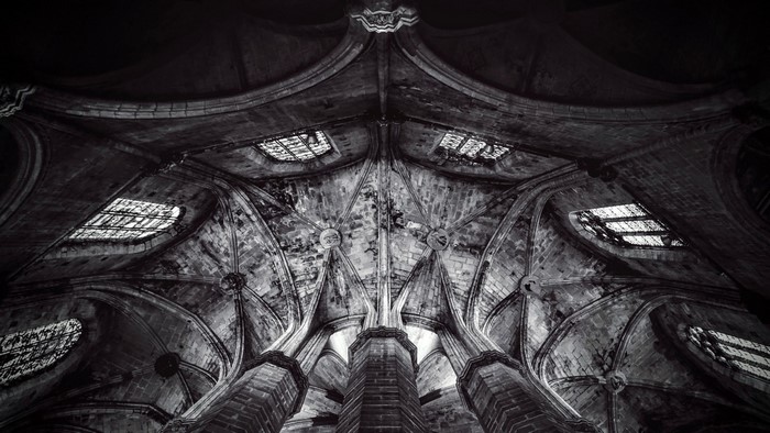 Gothic architecture ceiling with stained glass windows