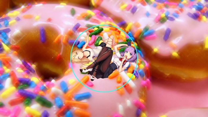 Anime girls on a donut with sprinkles