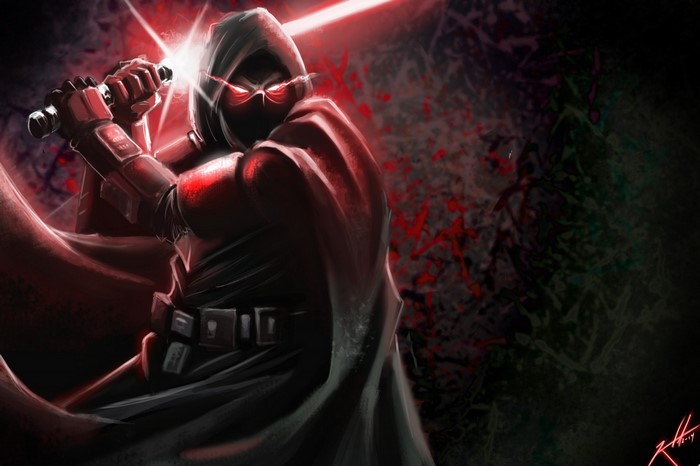 Star Wars character with red lightsabers