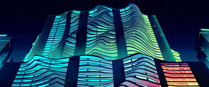 Wavy skyscrapers illuminated at night with starry sky