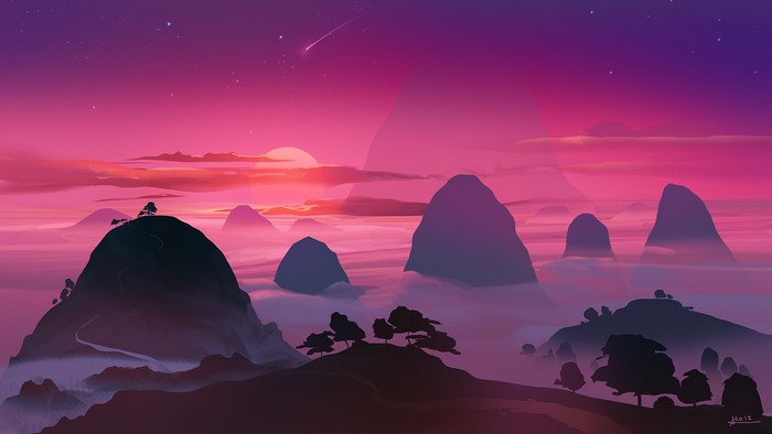 Stylized mountain landscape at sunset with a shooting star