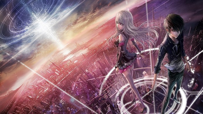 Anime characters in a futuristic city with cosmic energy