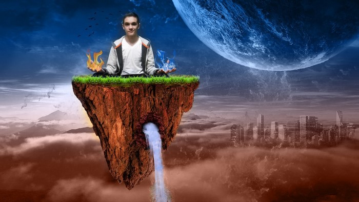 Man meditating on a floating island with fire and ice