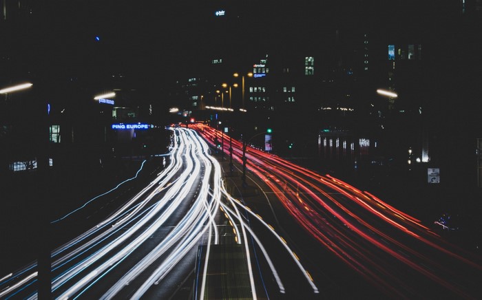 Light trails on a city highway at night