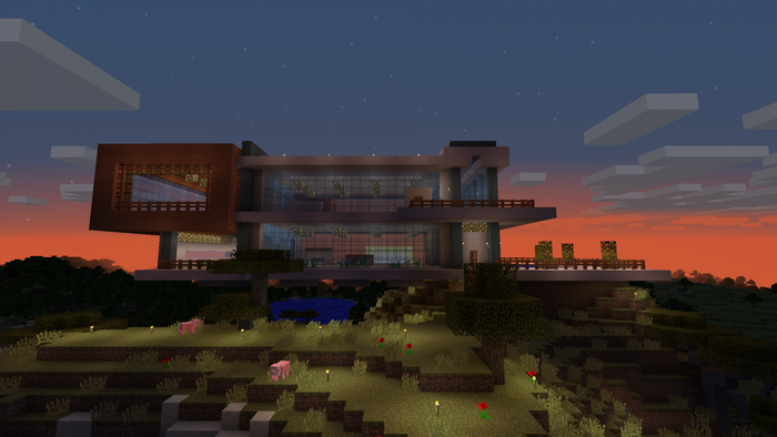 Modern Minecraft house at dusk