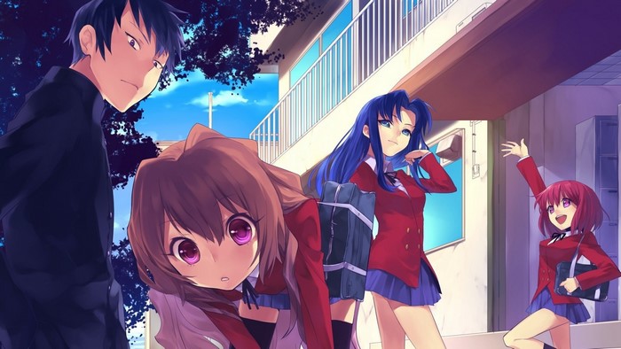 Toradora! characters in front of a school building