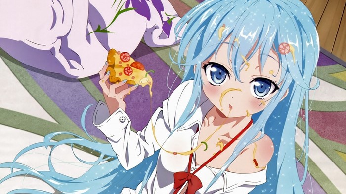 Anime girl with blue hair eating pizza