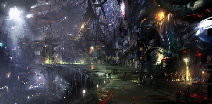 Concept art of a dark, futuristic city with lights