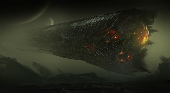Alien spaceship in a foggy, alien landscape