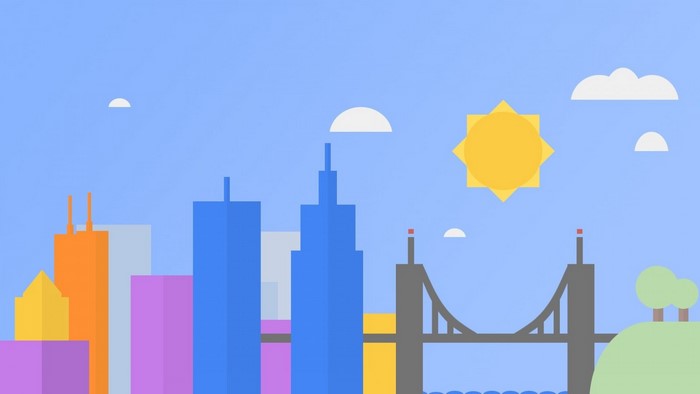 Minimalist cityscape with skyscrapers, bridge, sun, and clouds