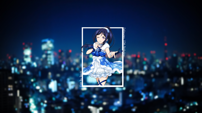 Anime girl in blue dress on city background