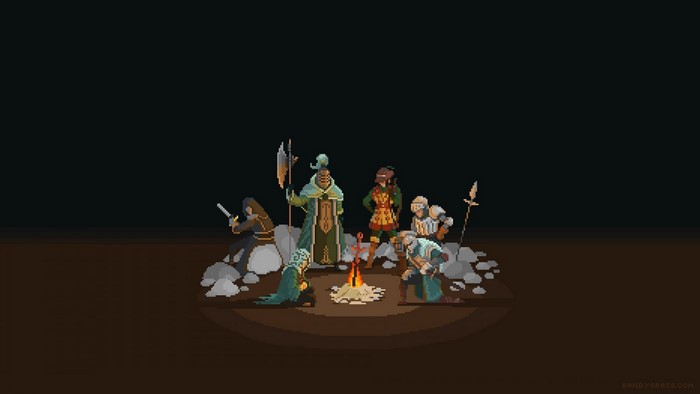 Dark Souls characters gathered around a bonfire in pixel art