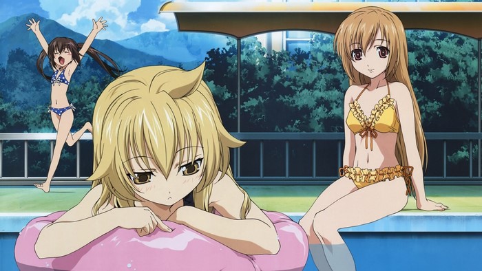 Three anime girls in swimsuits by a pool
