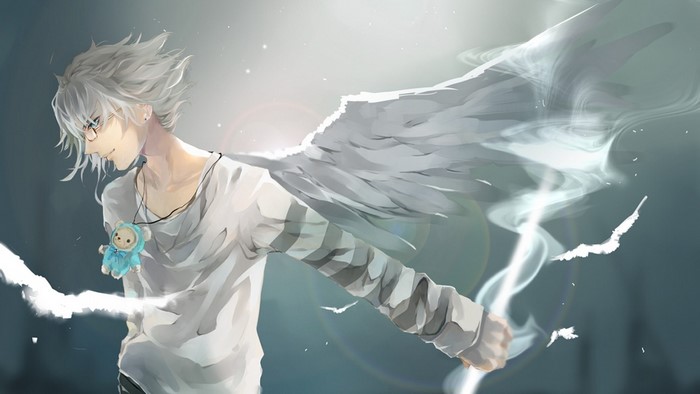 Anime angel with white hair and wings