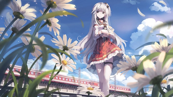 Anime girl with white hair holding flowers in front of a train